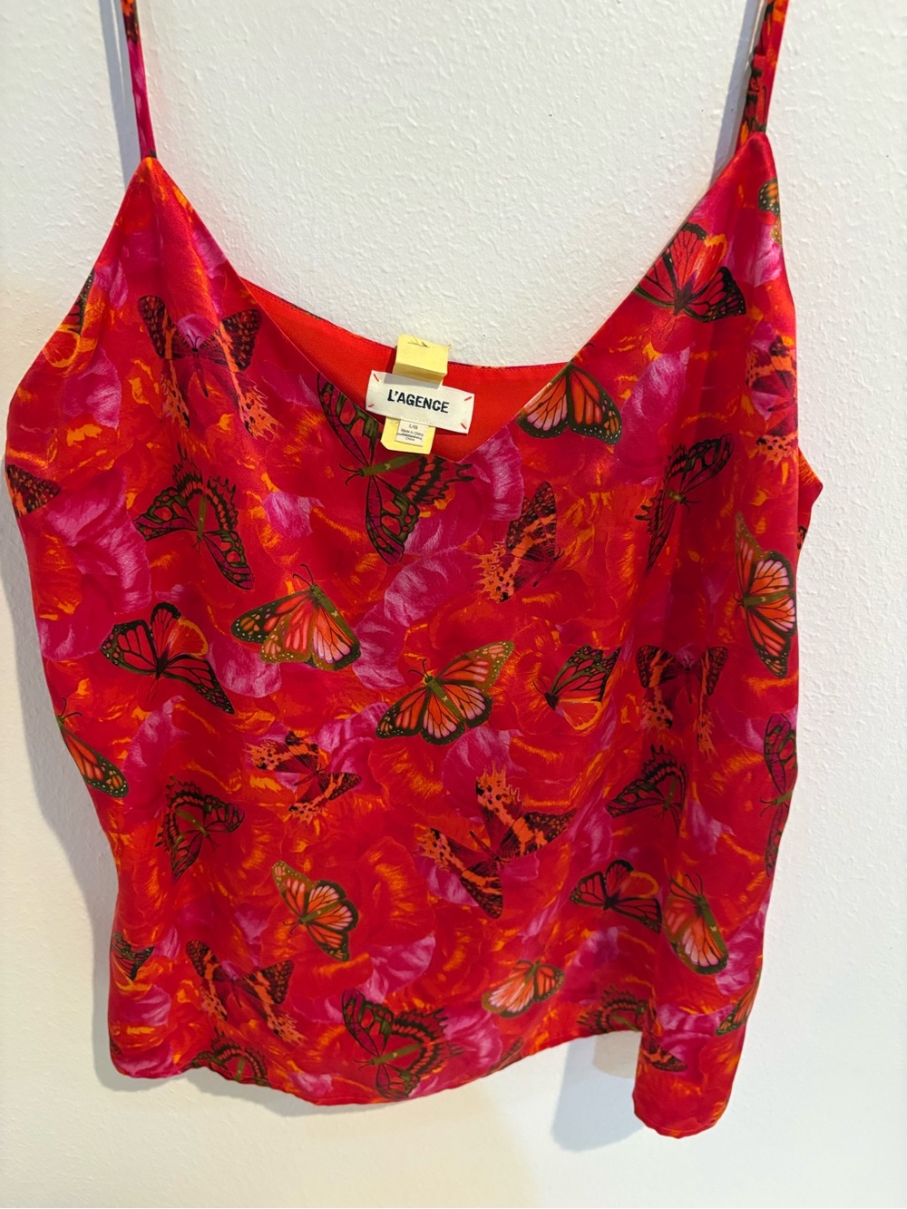 L'AGENCE Red & Pink Butterfly-Print Silk Camisole